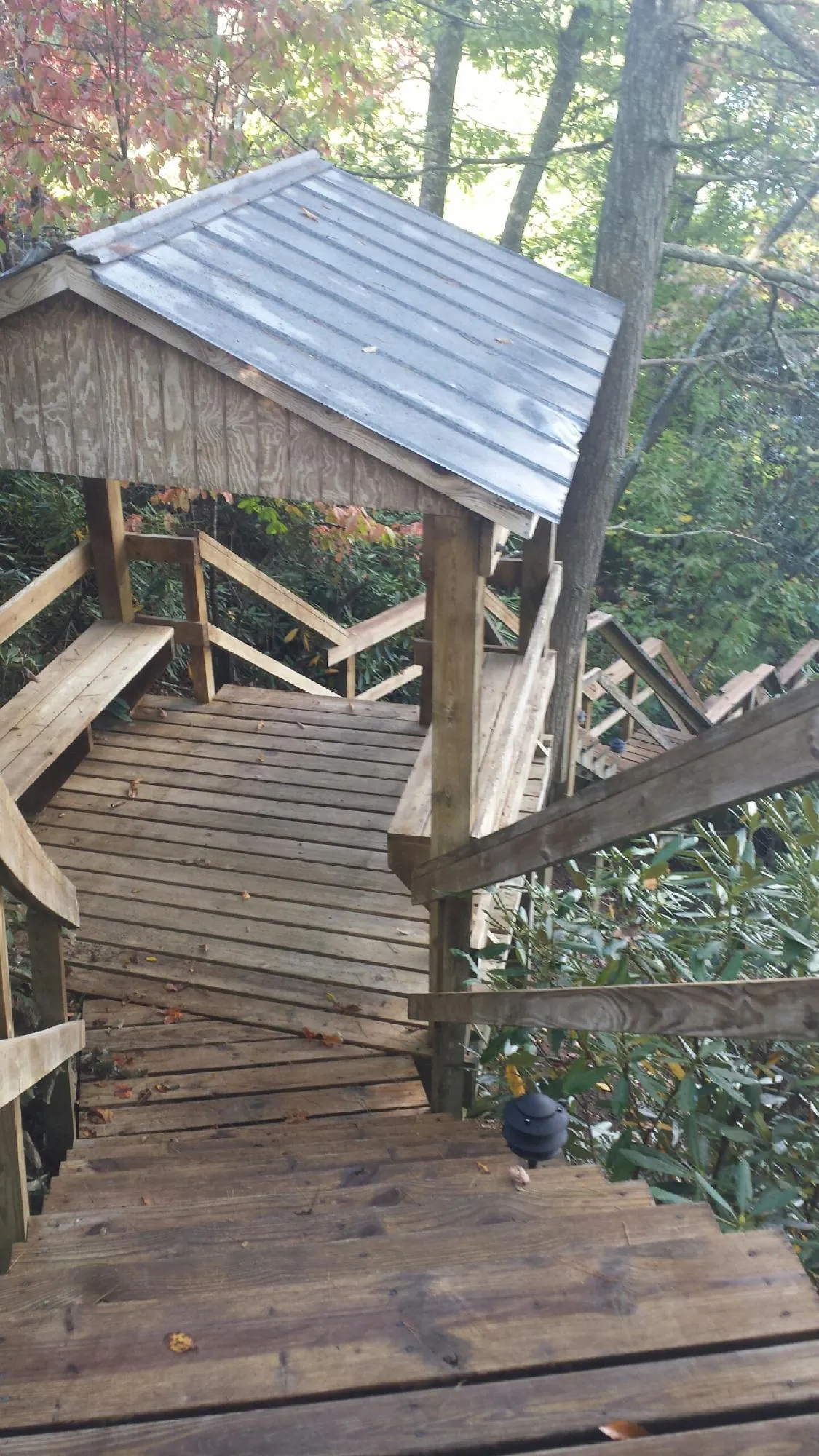 Metal roofed shelter over wooden steps on a wooded walkway — Skylight Repair & Installation work by our crew in Chesapeake City
